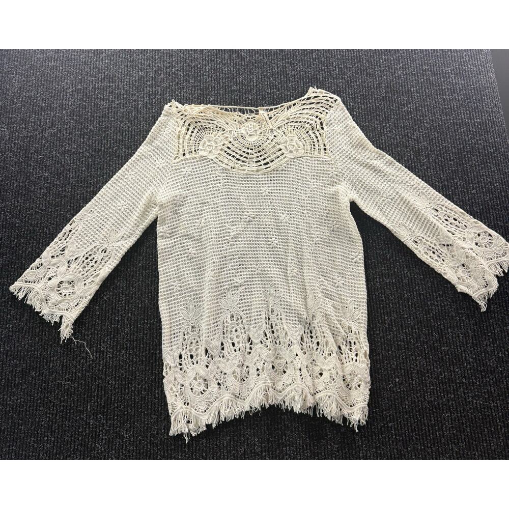 Love Marks Cream Crochet Lace Top M Boho Festival Sheer Knit Pullover Fringe Hem